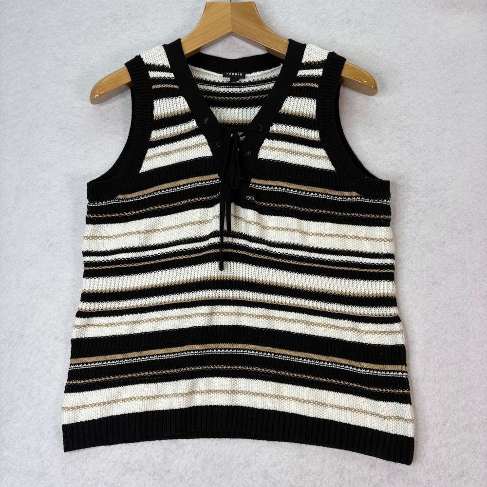 Torrid Black White Striped Lace Up Knit Sweater Vest Womens 2X Dark Academia